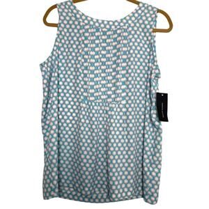 Tommy Hilfiger Womens Geometric Print Top Pintuck Neck Blouse Blue Size L New